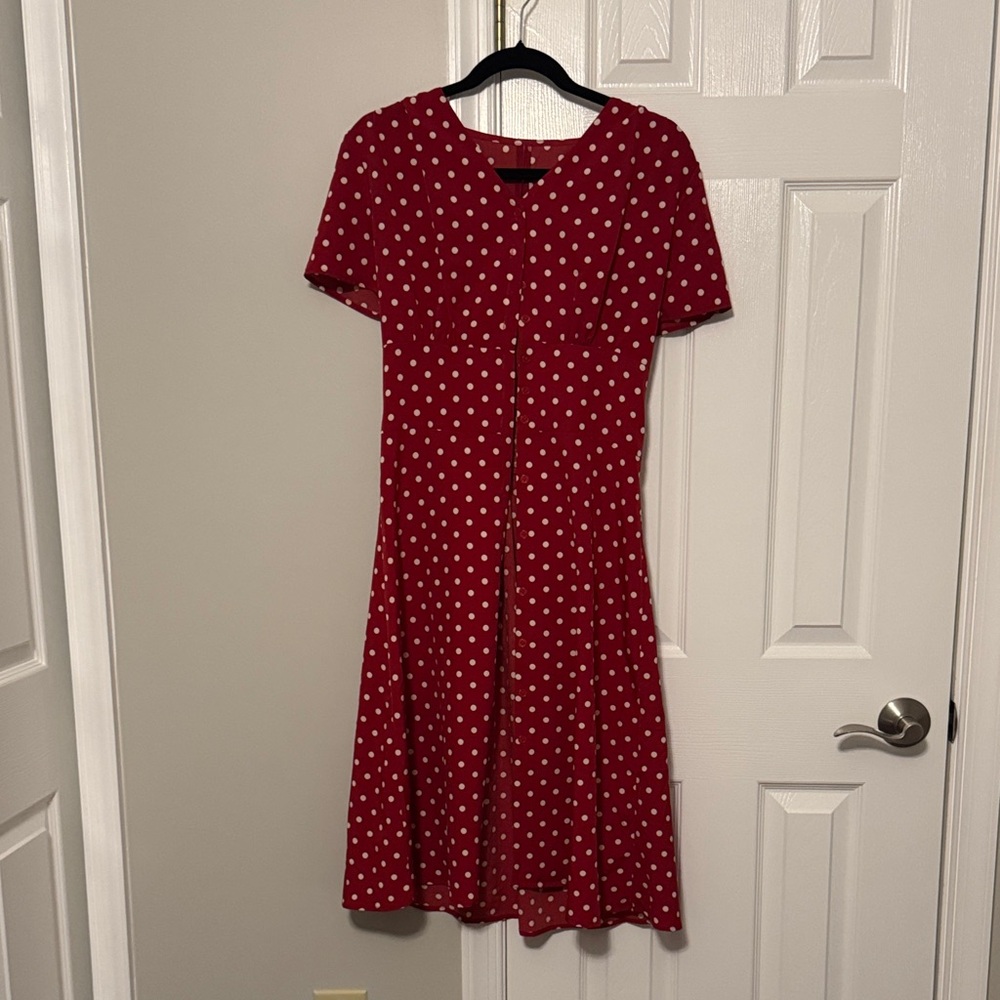 Red Polka Dot Button-Front Midi Dress - Size S